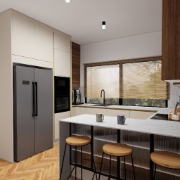 Details Studio - Nowoczesna kuchnia z drewnianą podłogą w jodełkę, szare szafki, wyspa z hokerami i dużym oknem z żaluzjami. Minimalistyczny design, ciepłe oświetlenie.