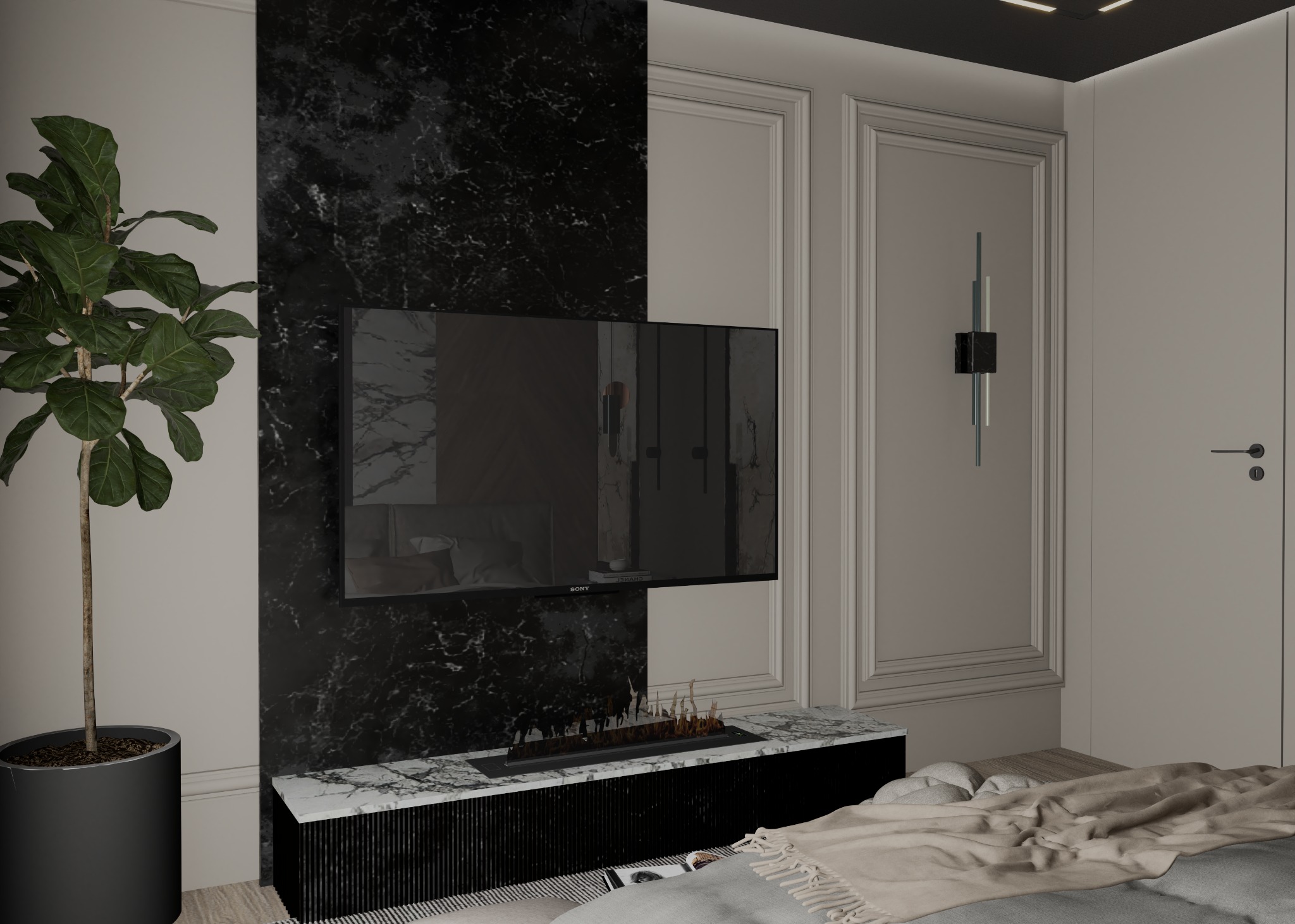 Elegancka sypialnia z czarnym marmurem, telewizorem i biokominkiem. Minimalistyczne oświetlenie, roślina w donicy. Nowoczesny design wnętrza z dbałością o detale.