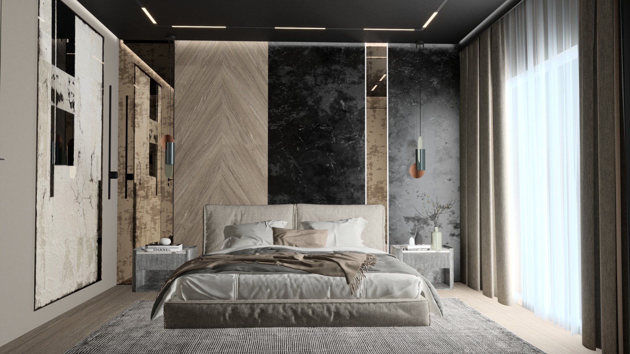 Nowoczesna sypialnia z łóżkiem w odcieniach beżu, drewnianą ścianą w jodełkę, marmurową ścianą i zasłonami. Minimalistyczne lampy wiszące i stoliki nocne.