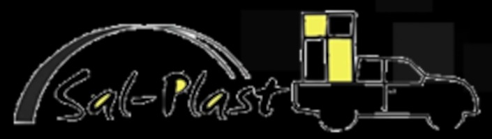 Grafika z nazwą firmy 'Sal-Plast' i sylwetką pickupa z oknami na pace, na czarnym tle. Logo firmy z branży okiennej.