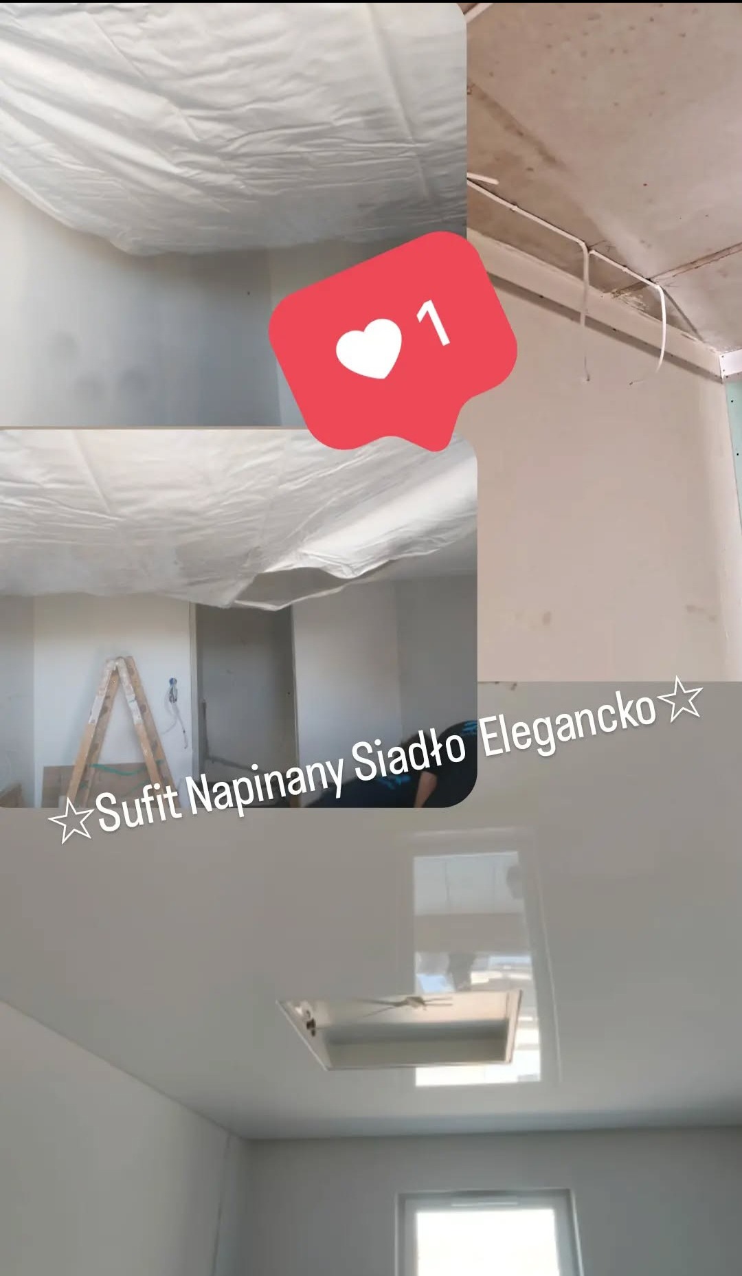 Montaż sufitu napinanego: widok na gładką, białą powierzchnię z wbudowanym oświetleniem. Część pomieszczenia zabezpieczona folią malarską.