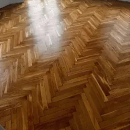 Parkiet ułożony w jodełkę po renowacji, z widocznym połyskiem i naturalnym usłojeniem drewna, oświetlony naturalnym światłem wpadającym przez okno.