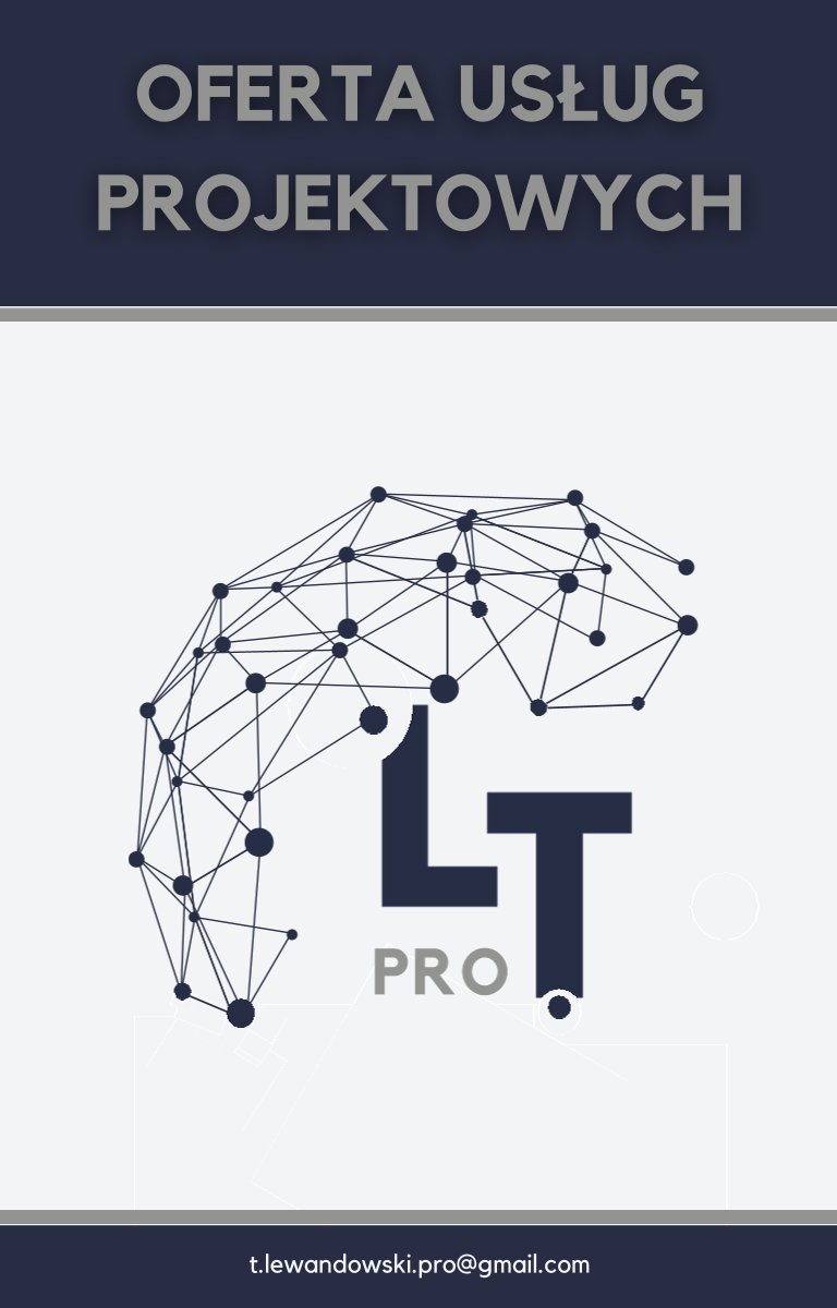 Grafika z napisem 'Oferta usług projektowych', logo 'LT PRO' i adresem e-mail. Geometryczny wzór przypominający sieć neuronową w tle. Stonowana kolorystyka.