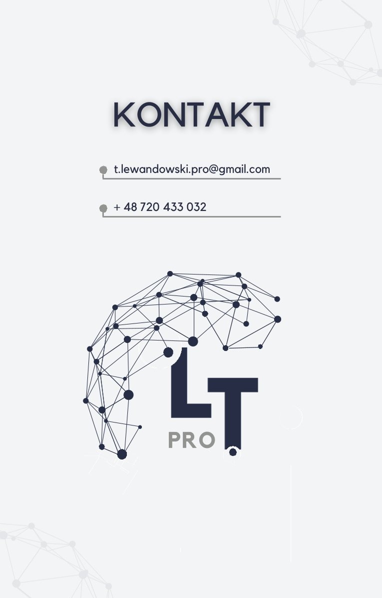 Kontakt do firmy z Zabrza: adres e-mail i numer telefonu. Grafika z logo firmy LT PRO, stylizowana na sieć połączeń. Minimalistyczny design na jasnym tle.