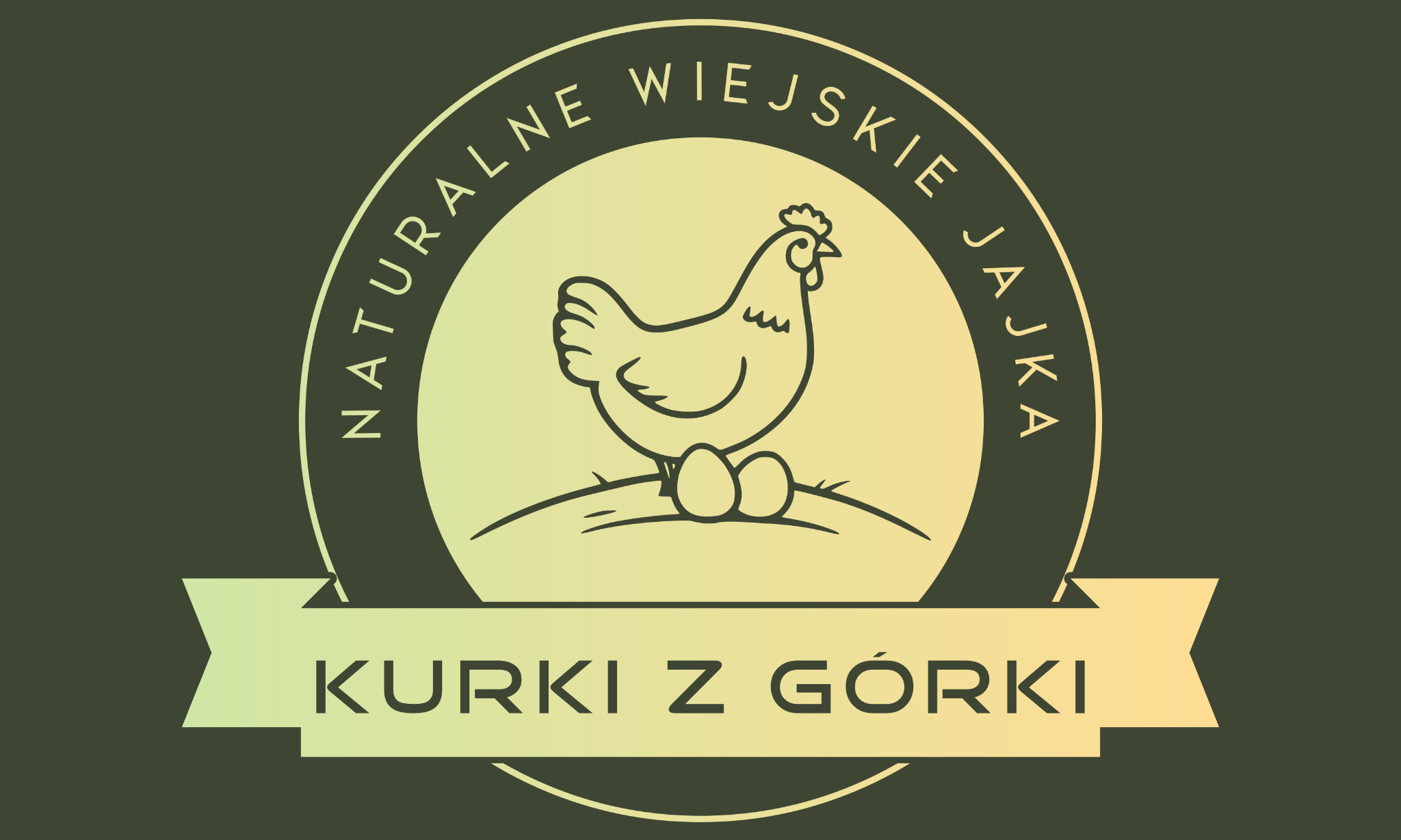 Grafika z kurą i jajami w okręgu z napisem 'Naturalne wiejskie jajka' oraz 'Kurki z Górki' na wstędze, na ciemnozielonym tle.
