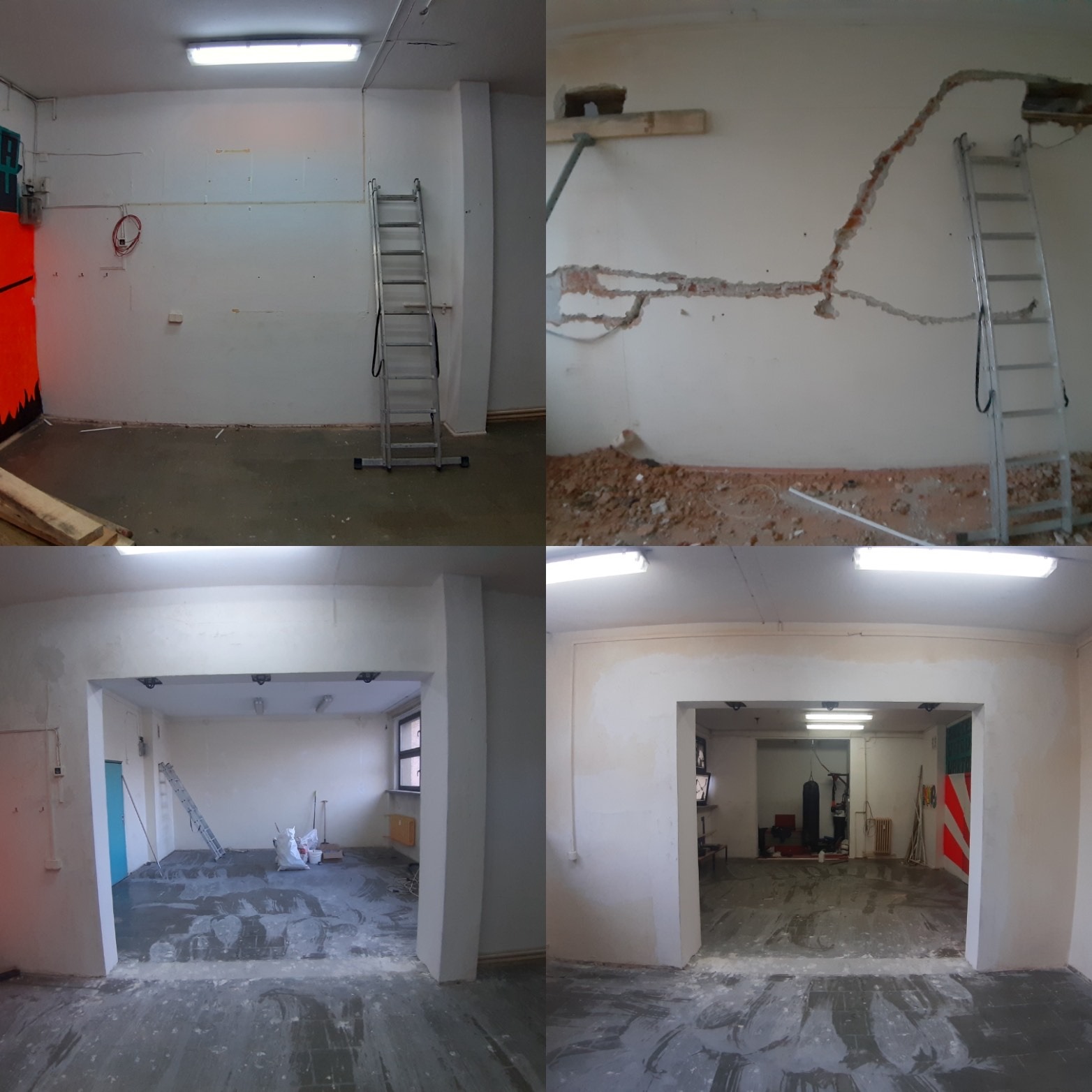 Czteropanelowe ujęcie wnętrza w trakcie remontu: ściana z usuniętymi fragmentami, drabina oparta o ścianę, widok przez otwór w ścianie na kolejne pomieszczenie.