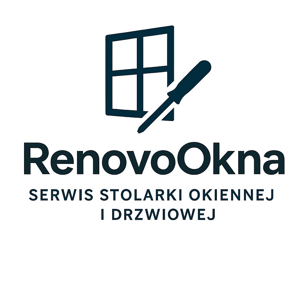 Logo RenovoOkna: okno, śrubokręt i napis 'Serwis stolarki okiennej i drzwiowej'. Minimalistyczny design w odcieniach granatu na białym tle.