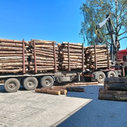 Forest Energy Damian Wantoch-Rekowski - Ciężarówka z czerwonym żurawiem załadowana pociętymi kłodami drewna na placu. Na pierwszym planie stos drewna. Błękitne niebo w tle.