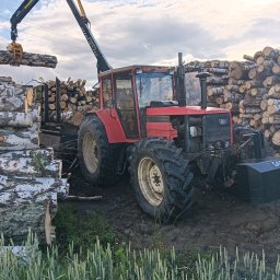 Forest Energy Damian Wantoch-Rekowski - Czerwony traktor z dźwigiem transportuje kłodę drewna na tle stosu pociętych pni. Widoczne świeże ślady opon w błocie i trawa. Pochmurne niebo w tle.