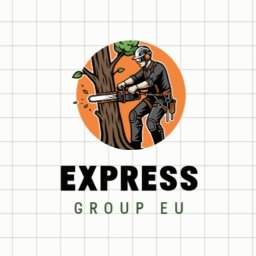 Express EU Group Sp.z.o.o - Ilustracja: mężczyzna w kasku tnie drzewo piłą mechaniczną na tle pomarańczowego koła. Pod spodem napis EXPRESS GROUP EU na tle kraty.