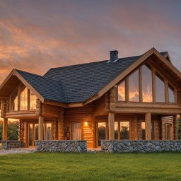 JS Pracownia architektoniczno-budowlana Joanna Syrek - Dwukondygnacyjny dom z bali z kamienną podmurówką i stromym dachem na tle zachodzącego słońca. Duże okna odbijają ciepłe światło. Widok z zewnątrz na zadbany trawnik.