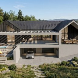 JS Pracownia architektoniczno-budowlana Joanna Syrek - Nowoczesny dom z garażem i tarasem w Głogoczowie, otoczony zielenią. Widoczny basen, palenisko i samochód. Elewacja w odcieniach szarości i czerni, minimalistyczny design.