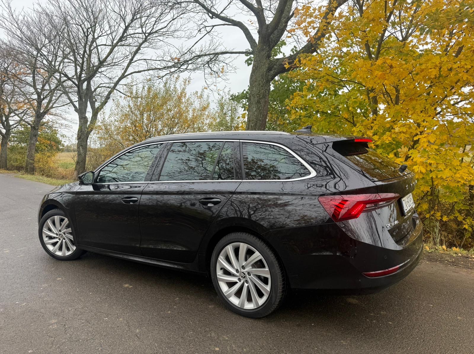 Czarna Skoda Octavia Combi, widok z tyłu na tle jesiennego krajobrazu. Auto zaparkowane na poboczu drogi, widoczne detale karoserii i felgi.