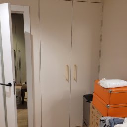 Interier - Biała szafa wnękowa z złotymi uchwytami, widoczna z boku, z otwartymi drzwiami po lewej stronie, ukazującymi wnętrze innej szafy. U dołu kartony i sprzęt.