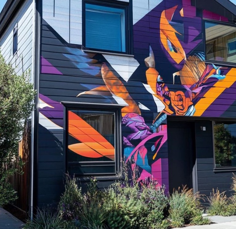 Dom z muralem na elewacji bocznej, abstrakcyjne wzory w odcieniach fioletu, pomarańczy i bieli. Widoczne okna i zieleń przed budynkiem. Unikalny design.
