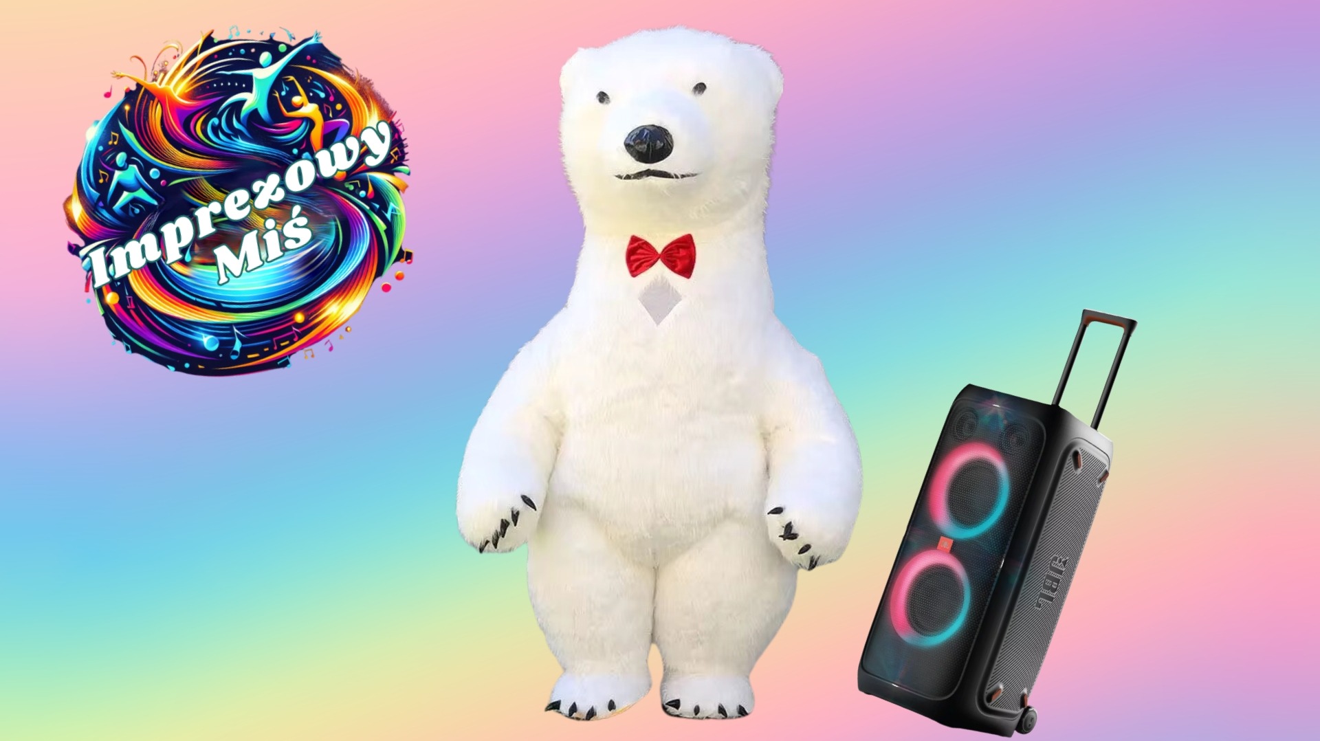 Biały miś w kostiumie z czerwoną muchą, obok głośnik JBL na kółkach i logo 'Imprezowy Miś' na tęczowym tle. Atrakcja na imprezę.