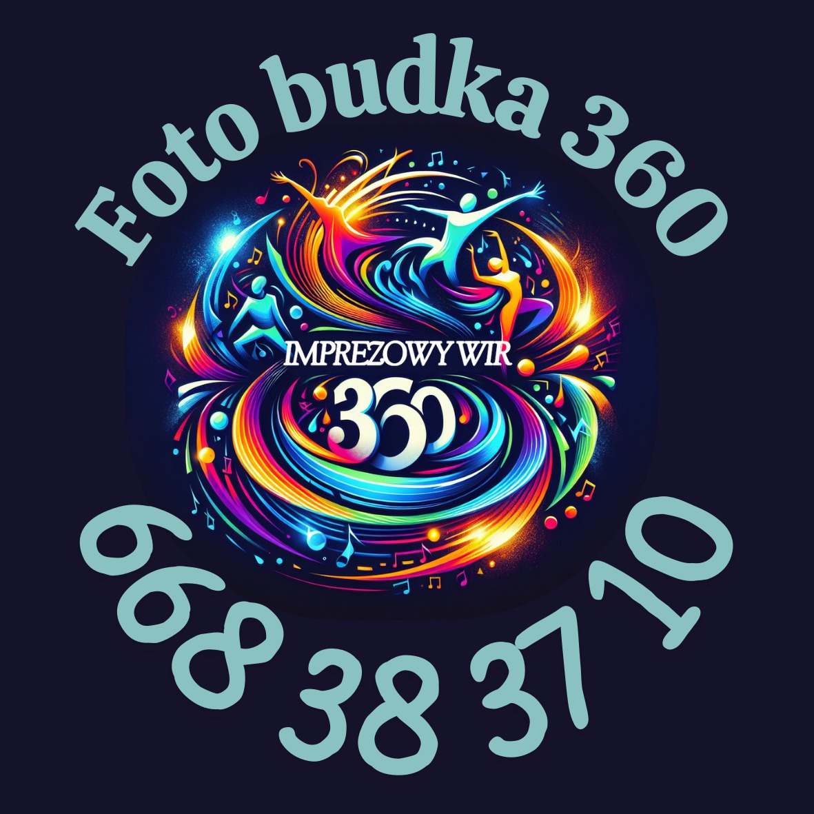 Kolorowa grafika z napisem 'Foto budka 360', 'Imprezowy Wir 360' i numerem telefonu na ciemnym tle. Dynamiczne, taneczne sylwetki i nuty tworzą wirujący efekt.