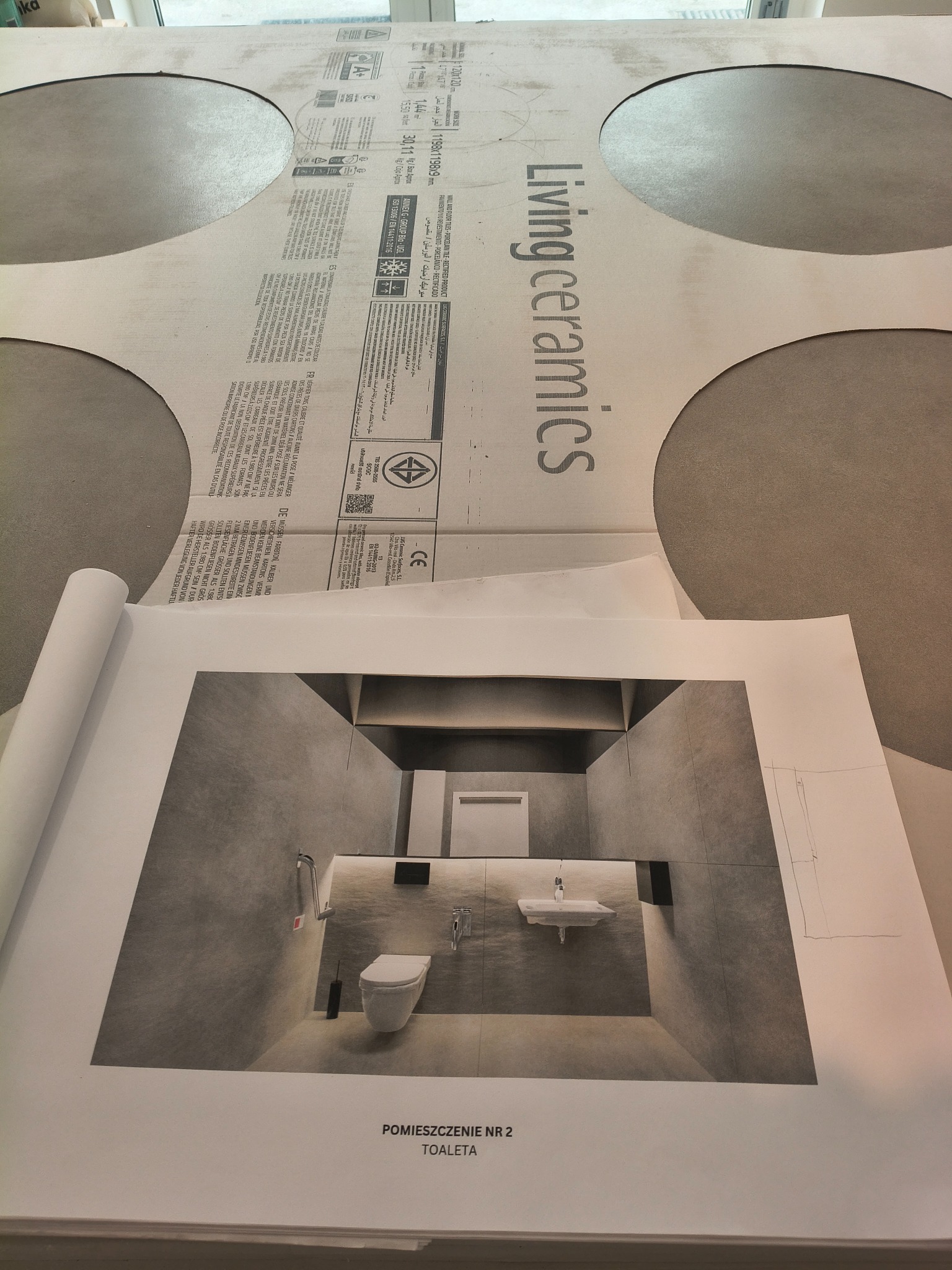 Plan łazienki z wizualizacją 3D na tle płytek Living Ceramics. Projekt toalety z minimalistycznym wyposażeniem i szarą kolorystyką.