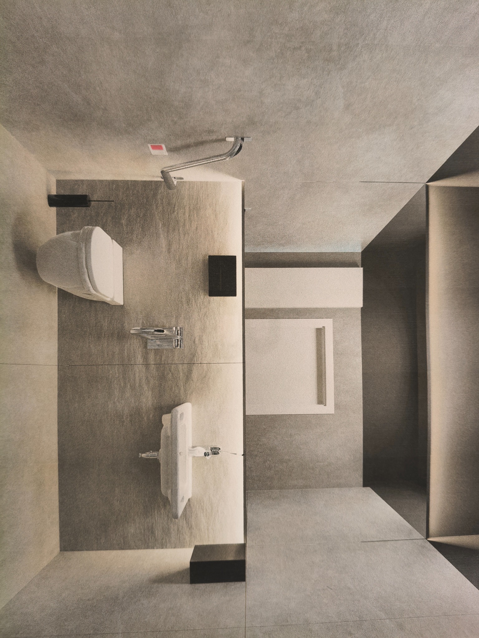 Minimalistyczna łazienka z szarymi płytkami, widziana z góry. Umywalka, toaleta i kabina prysznicowa w nowoczesnym stylu. Oświetlenie punktowe i geometryczne detale.