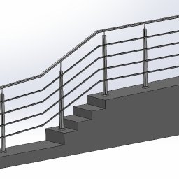 Piotr Popławski Projects - Wizualizacja 3D nowoczesnej, metalowej barierki schodowej z poziomymi prętami i kwadratowymi słupkami, mocowanej do betonowej konstrukcji.