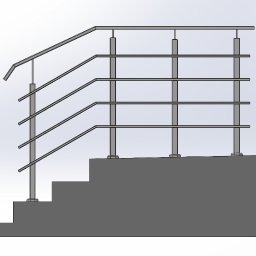 Piotr Popławski Projects - Projekt 3D nowoczesnej balustrady schodowej z metalu, z czterema poziomymi wypełnieniami i prostymi słupkami, na tle białej ściany.