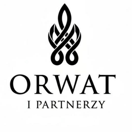 Eleganckie logo firmy 'ORWAT I PARTNERZY' w czerni na białym tle. Symbol graficzny powyżej nazwy, stylizowany na splecione elementy, dodaje unikalności.