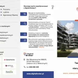 Digital Broker: ulotka informacyjna z nowoczesnym budynkiem w tle, prezentująca ofertę agencji nieruchomości i korzyści ze współpracy. Adres, telefon i strona www.