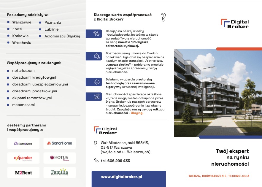 Digital Broker: ulotka informacyjna z nowoczesnym budynkiem w tle, prezentująca ofertę agencji nieruchomości i korzyści ze współpracy. Adres, telefon i strona www.