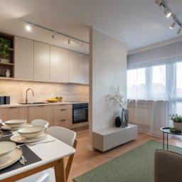 House Concept Design - Jasne, przestronne wnętrze: kuchnia z drewnianymi szafkami i marmurowym blatem, jadalnia z nakrytym stołem i salon z zielonym dywanem. Oświetlenie punktowe.