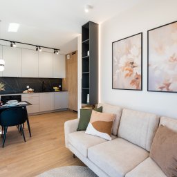 House Concept Design - Jasne wnętrze mieszkania po remoncie: salon z sofą i obrazami, jadalnia z czarnym stołem i kuchnia z marmurowym blatem. Nowoczesne oświetlenie punktowe.