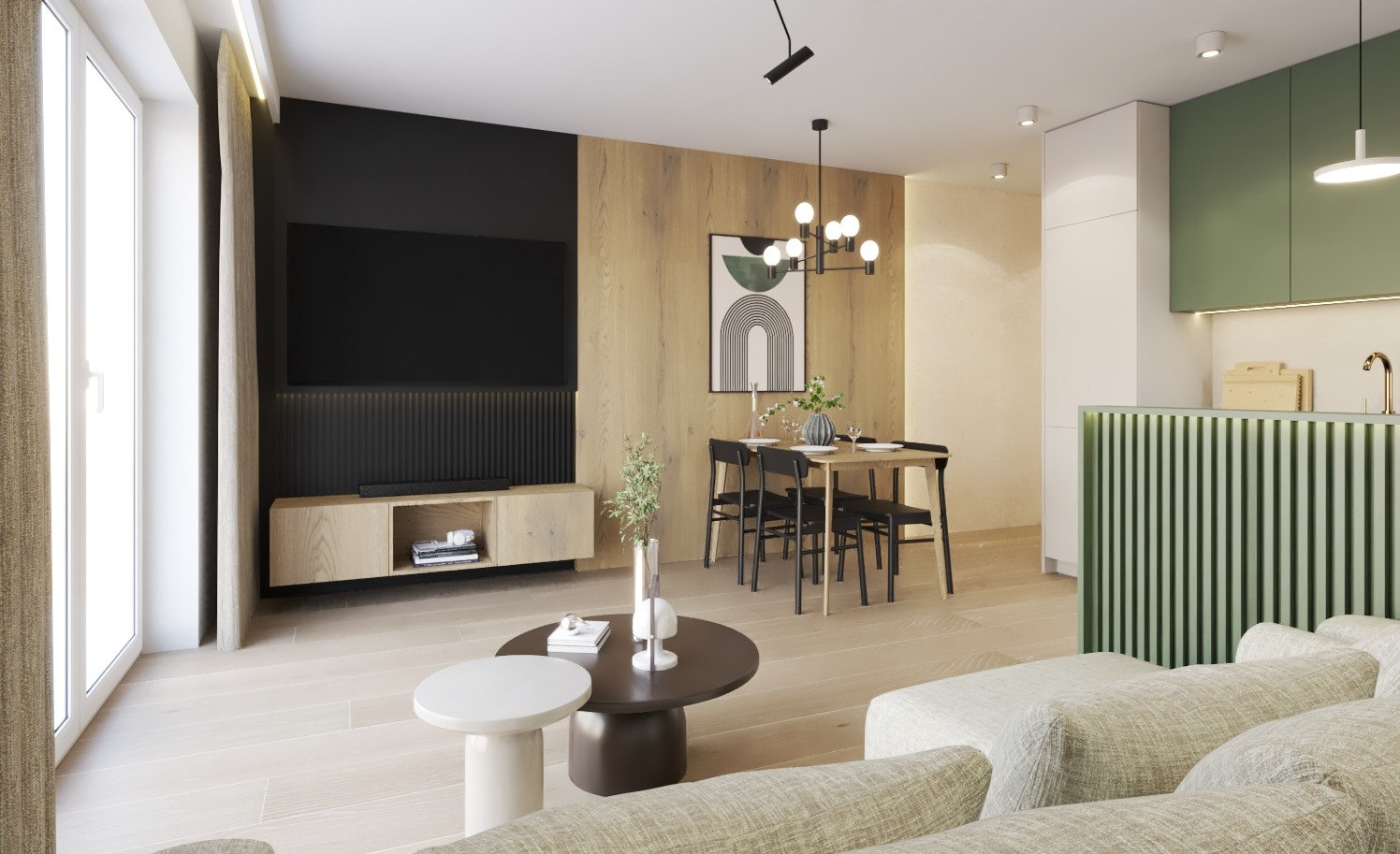 Nowoczesne wnętrze: salon z aneksem kuchennym. Drewniana ściana z TV, stół z krzesłami, zielona zabudowa kuchenna. Jasne podłogi i sofa. Minimalistyczny design.