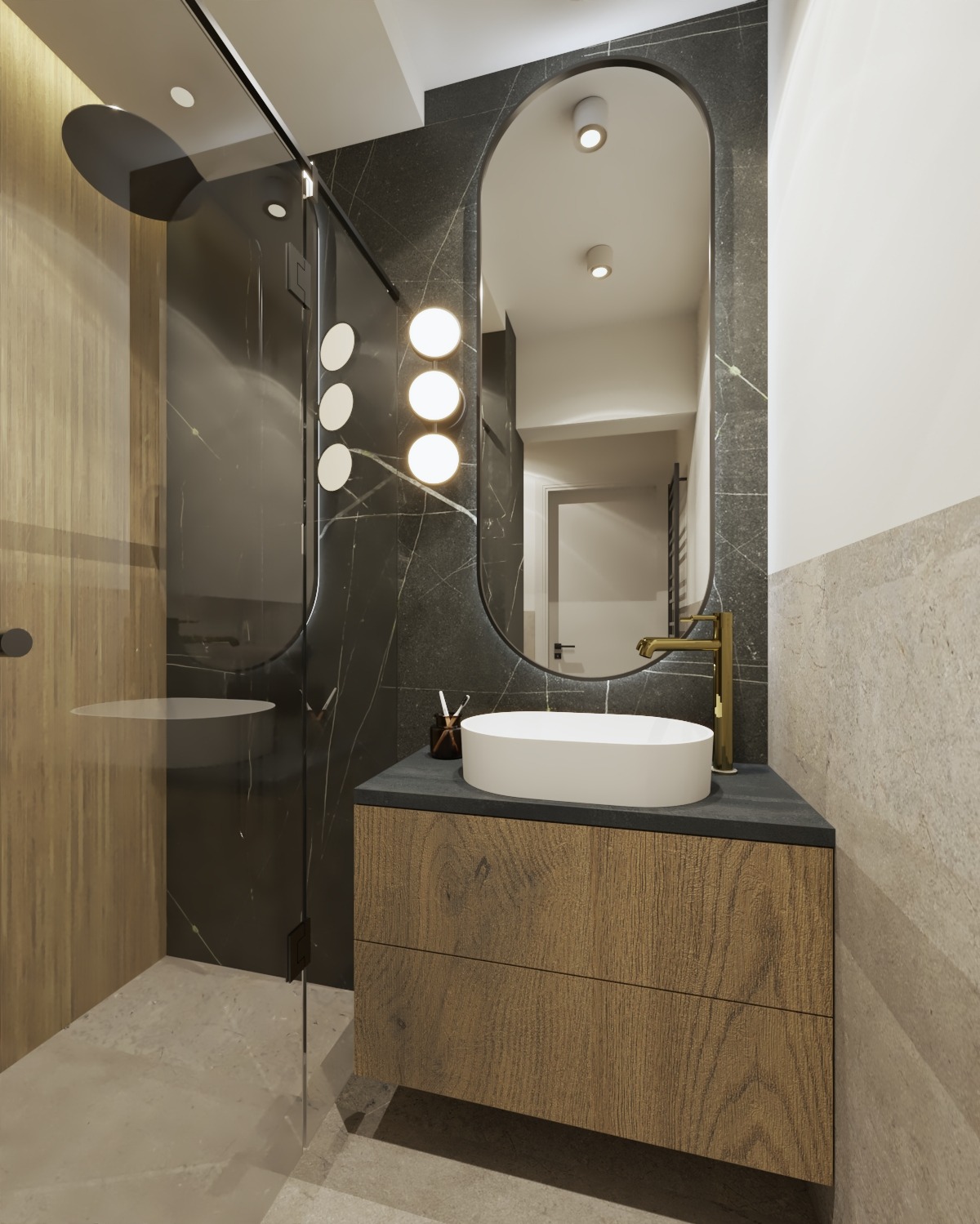 Nowoczesna łazienka z kabiną prysznicową typu walk-in, umywalką nablatową na drewnianej szafce i lustrem w czarnej ramie na tle marmurowej ściany.
