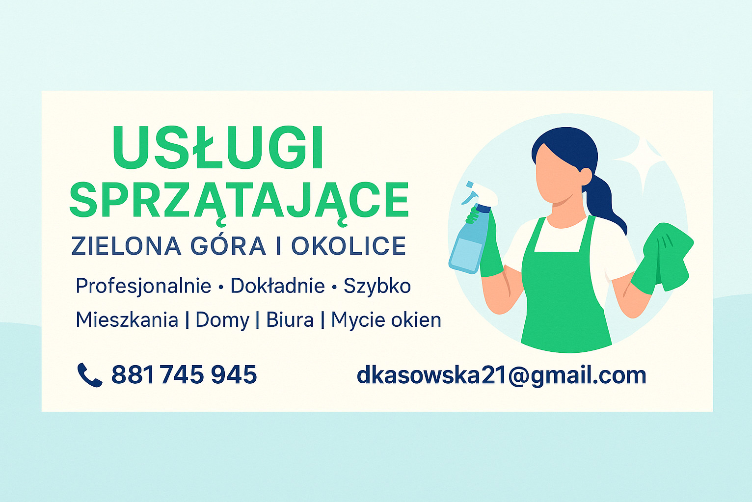 Grafika reklamowa usług sprzątających w Zielonej Górze i okolicach. Zawiera ilustrację osoby w fartuchu z butelką ze spryskiwaczem i ściereczką.