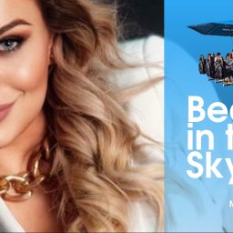 Agnieszka Palińska usługi marketingowe i graficzne - Promocyjna grafika wydarzenia 'Beauty in the Sky' w Warszawie, 15 sierpnia 2024, z portretem kobiety i platformą z ludźmi zawieszoną w powietrzu na tle błękitnego nieba.