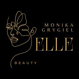 Agnieszka Palińska usługi marketingowe i graficzne - Elegancki, minimalistyczny logotyp w kolorze złota na czarnym tle. Przedstawia kontur twarzy kobiety i motyla, z napisem 'Monika Grygiel ELLE Beauty'.