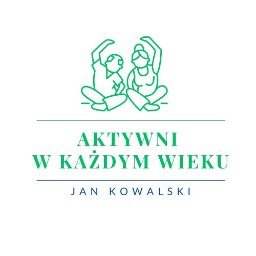 Agnieszka Palińska usługi marketingowe i graficzne - Grafika wektorowa: para w pozycji siedzącej z podniesionymi rękami, napis 'Aktywni w każdym wieku Jan Kowalski' w zielono-niebieskiej kolorystyce.