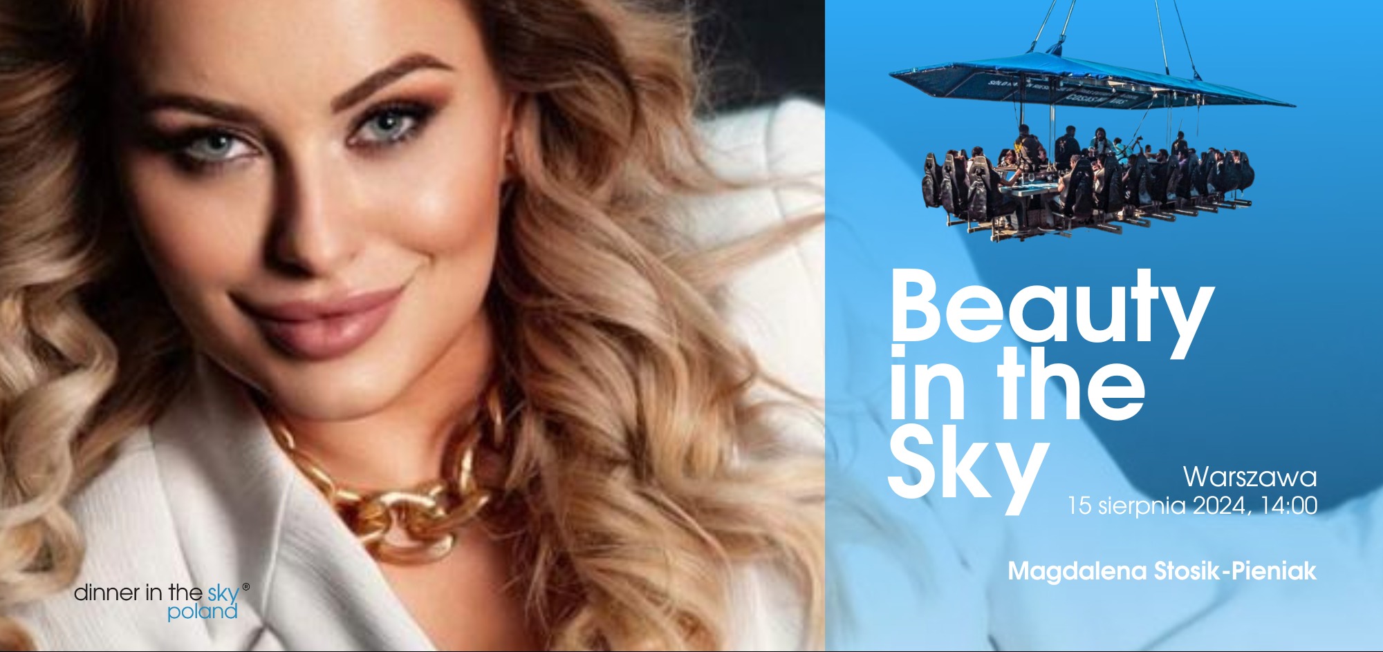 Promocyjna grafika wydarzenia 'Beauty in the Sky' w Warszawie, 15 sierpnia 2024, z portretem kobiety i platformą z ludźmi zawieszoną w powietrzu na tle błękitnego nieba.