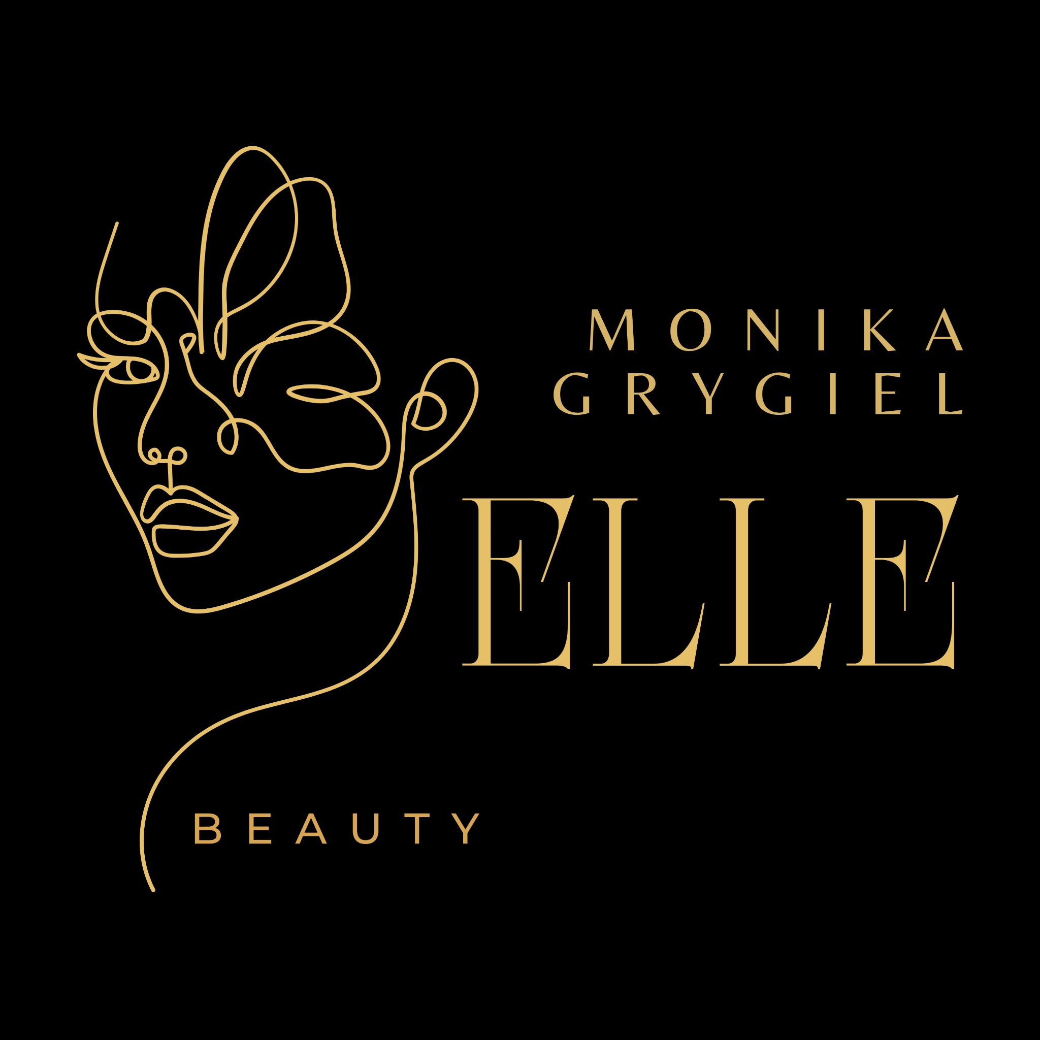 Elegancki, minimalistyczny logotyp w kolorze złota na czarnym tle. Przedstawia kontur twarzy kobiety i motyla, z napisem 'Monika Grygiel ELLE Beauty'.