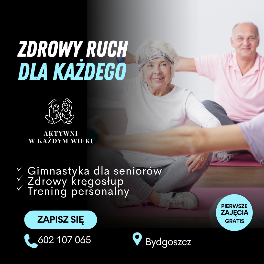 Seniorzy ćwiczą gimnastykę na macie w Bydgoszczy. Oferta: zdrowy kręgosłup, trening personalny, pierwsze zajęcia gratis. Kontakt: 602 107 065. Aktywni w każdym wieku.
