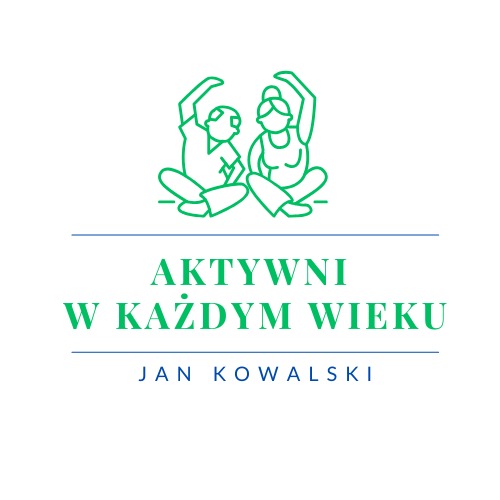 Grafika wektorowa: para w pozycji siedzącej z podniesionymi rękami, napis 'Aktywni w każdym wieku Jan Kowalski' w zielono-niebieskiej kolorystyce.