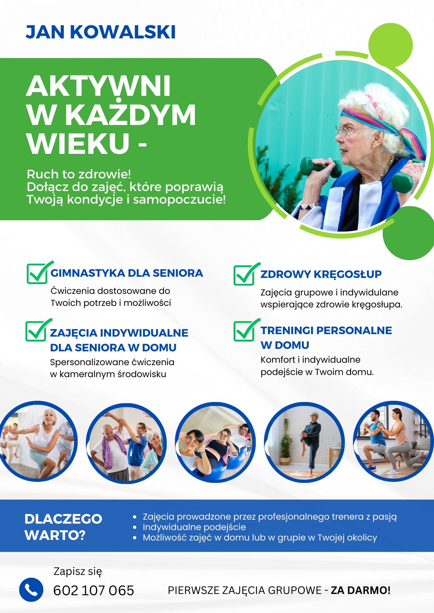 Plakat reklamowy z ofertą zajęć dla seniorów: gimnastyka, treningi personalne i zajęcia indywidualne w domu. Zdjęcie uśmiechniętej seniorki ćwiczącej z hantlami.