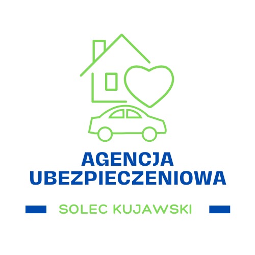 Logo Agencji Ubezpieczeniowej Solec Kujawski z ikonami domu, serca i auta w zielonej linii na białym tle, poniżej nazwa agencji w kolorze niebieskim.