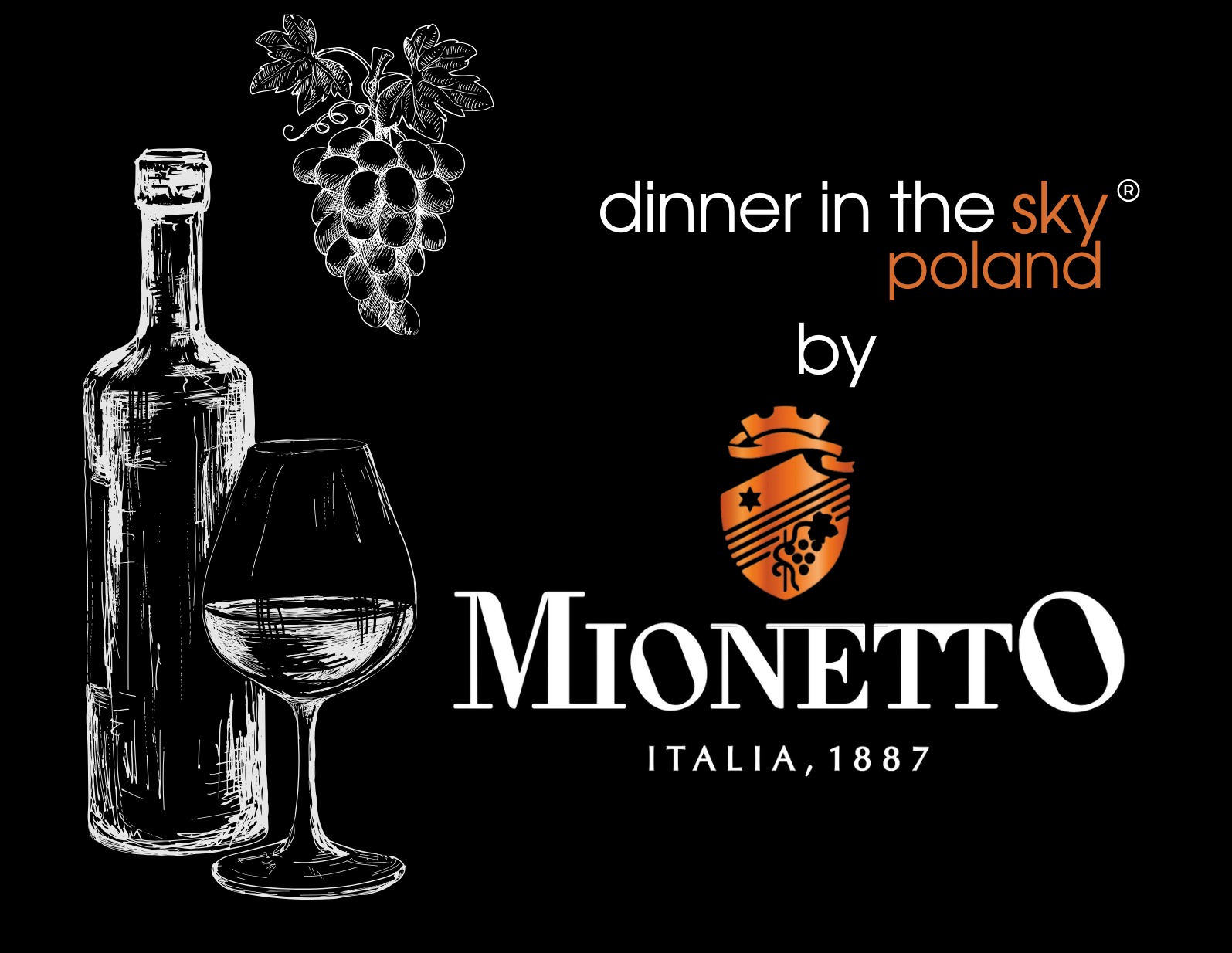 Grafika z butelką i kieliszkiem wina, logo Mionetto, napis 'dinner in the sky poland'. Czarno-biały szkic wina na czarnym tle, pomarańczowe logo i napisy.