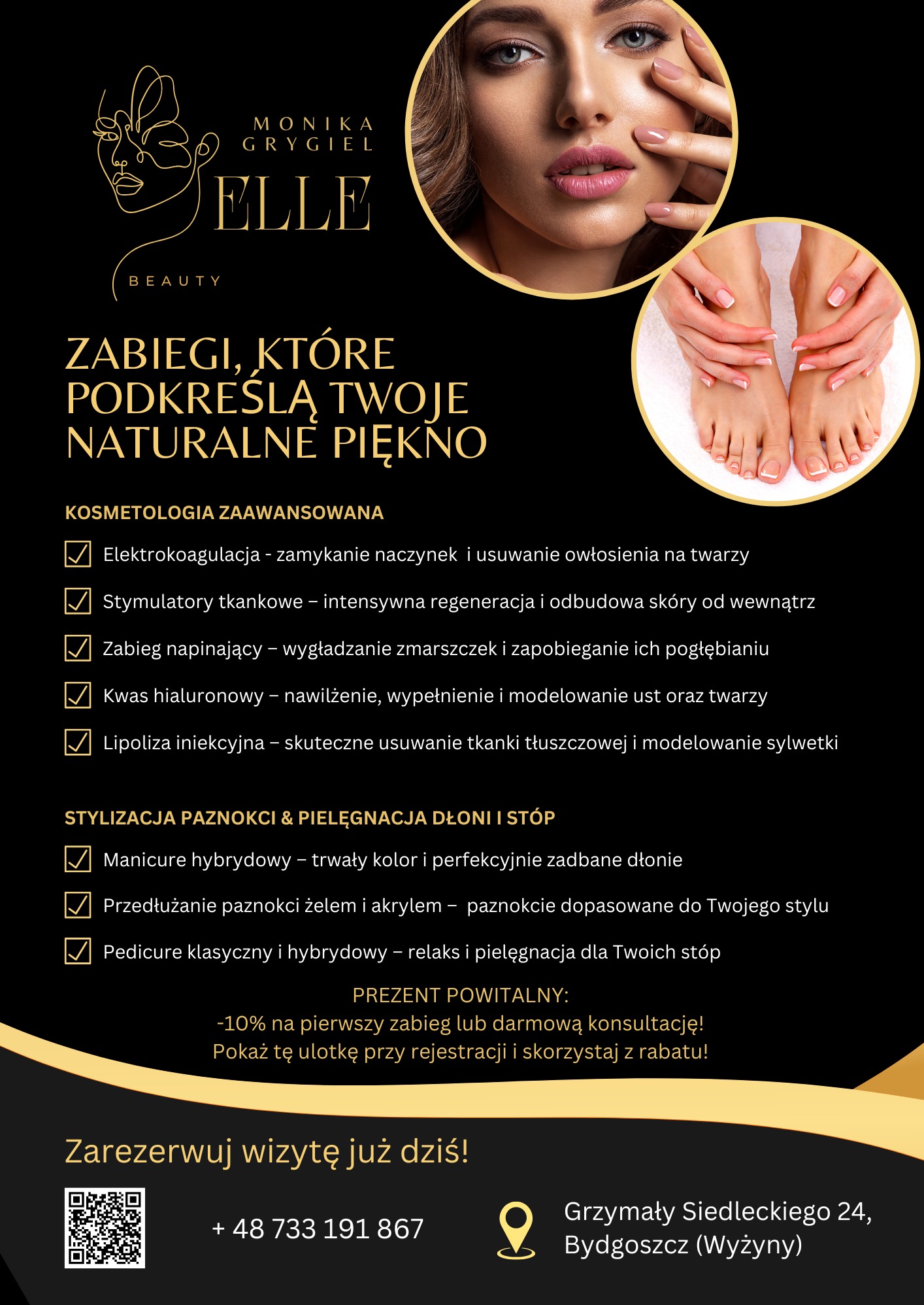 Elegancki plakat salonu kosmetycznego Elle Beauty z ofertą zabiegów na twarz, dłonie i stopy. Promocja na pierwszy zabieg i konsultację. Zarezerwuj wizytę!