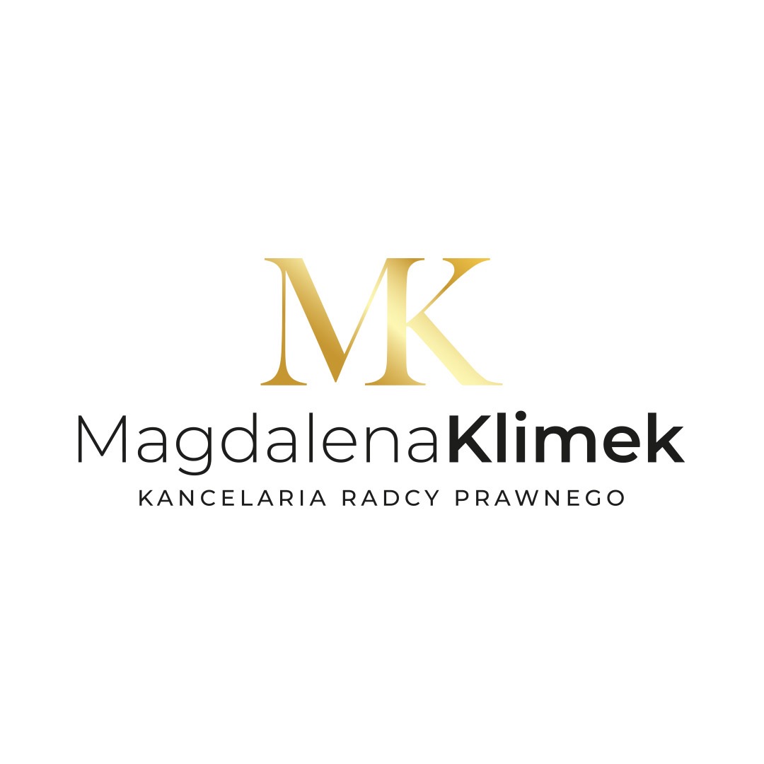 Eleganckie logo Kancelarii Radcy Prawnego Magdalena Klimek z inicjałami MK w złotym kolorze na białym tle. Minimalistyczny design.