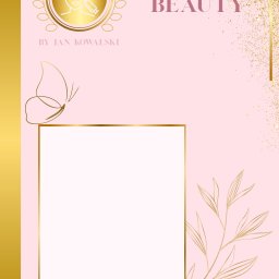 Mateusz Suchomski - Elegancki projekt graficzny w odcieniach różu i złota z motywem beauty, logo z twarzą i strzykawką, motyl, gałązka i napis 'Usługi Beauty By Jan Kowalski'.