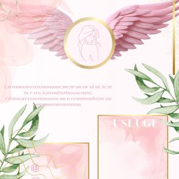 Mateusz Suchomski - Elegancki projekt graficzny w odcieniach różu i złota z motywem skrzydeł, kobiecej sylwetki i roślinnych akcentów. Zawiera tekst i ikony kontaktowe.