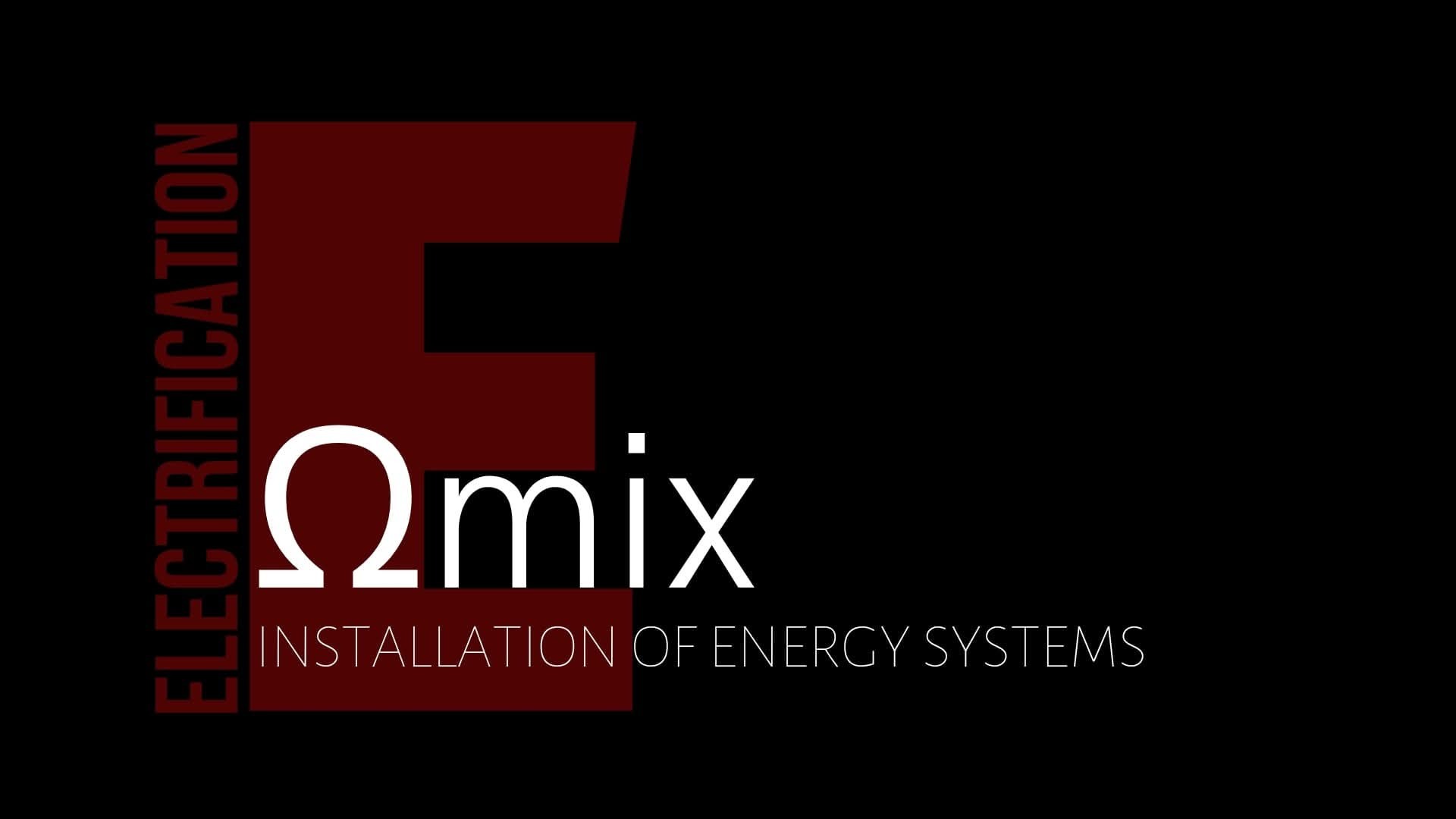 Logo firmy Omix Electrification z hasłem Installation of energy systems. Ciemne tło, czerwono-biała grafika z symbolem omegi. Nowoczesny design.