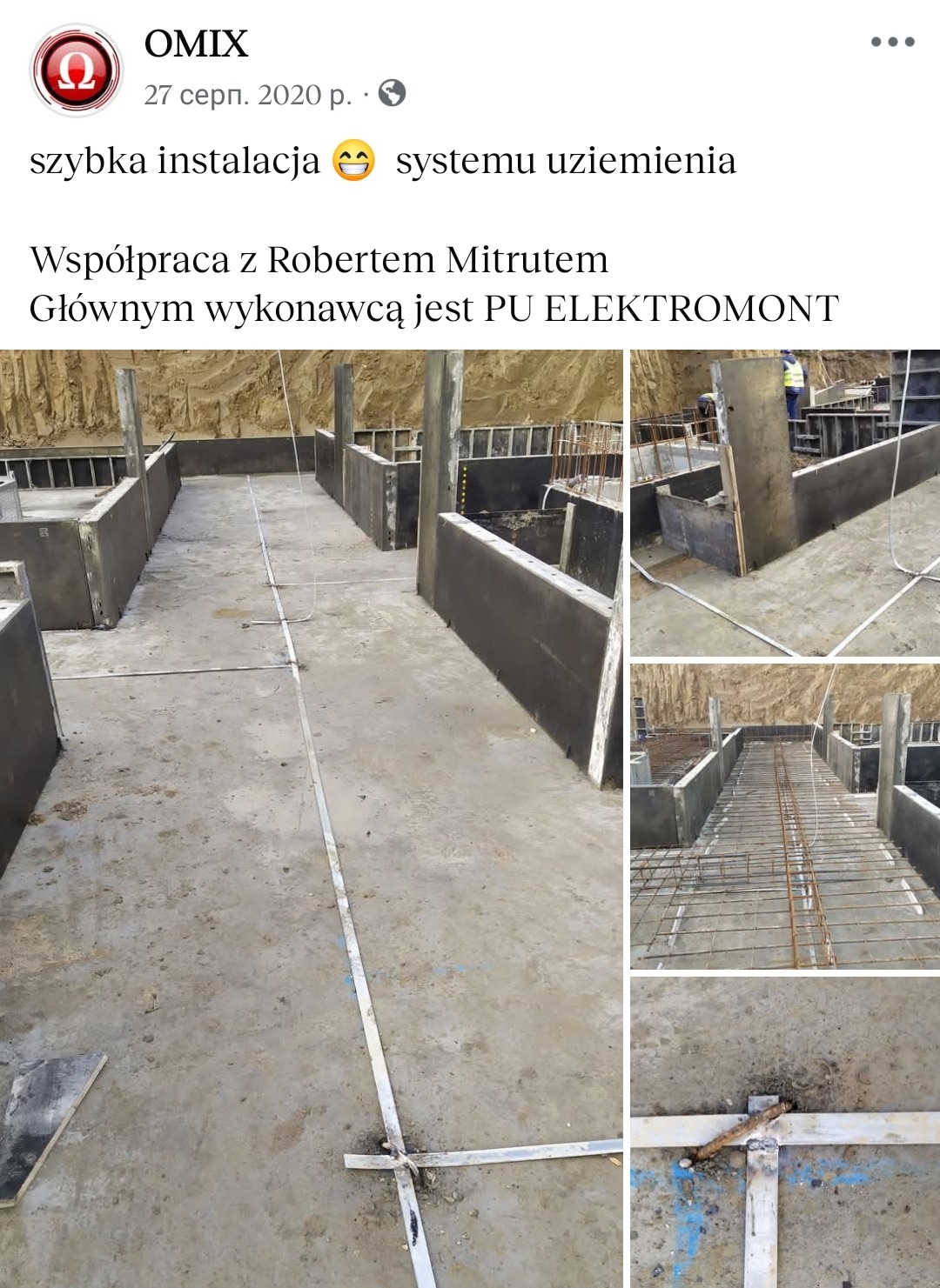 Uziemienie budynku w trakcie budowy: metalowe szyny ułożone na fundamencie, widoczne zbrojenia i szalunki. Prace ziemne w tle, częściowo widoczny pracownik.