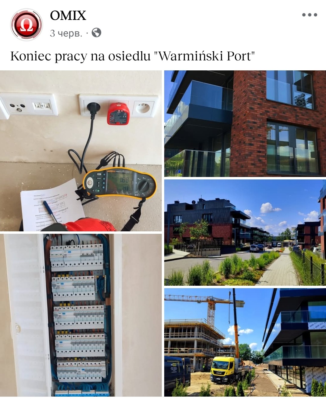 Pomiar napięcia w gniazdku, schemat elektryczny, rozdzielnica z bezpiecznikami i widok osiedla Warmiński Port. Prace elektryczne w nowym budownictwie.